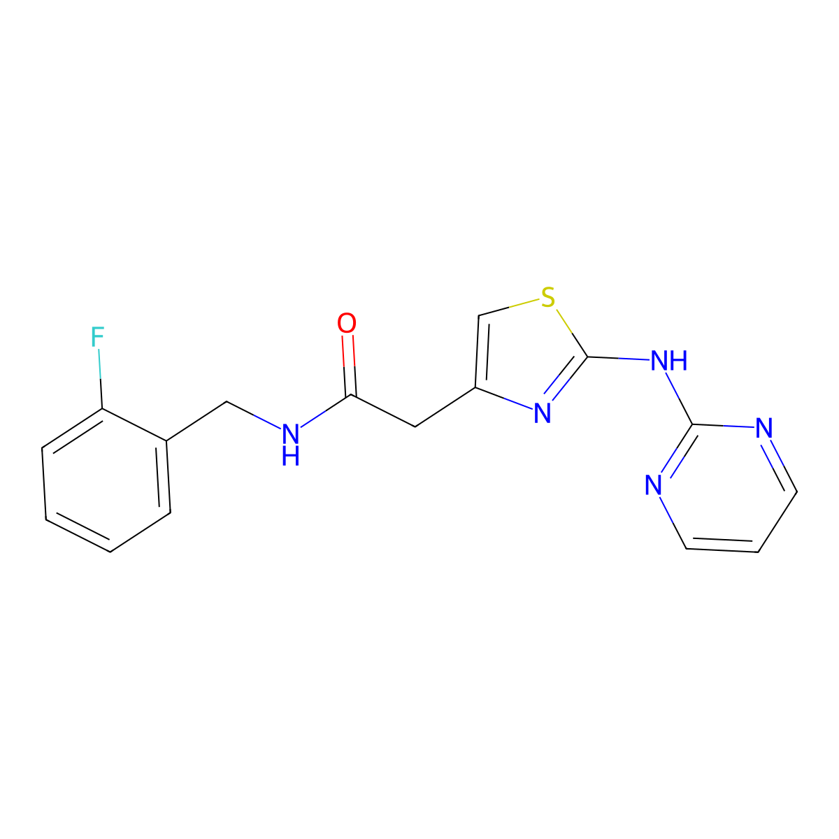 N-(2-fluorobenzyl)-2-(2-(pyrimidin-2-ylamino)thiazol-4-yl)acetamide molecular structure, CAS 1226438-32-9