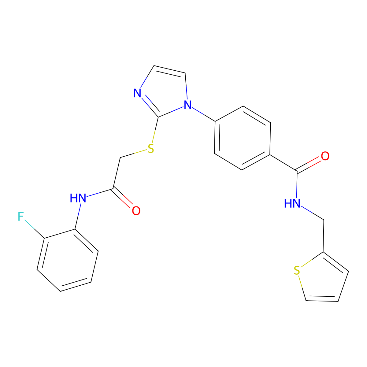 4-[2-({[(2-fluorophenyl)carbamoyl]methyl}sulfanyl)-1H-imidazol-1-yl]-N-[(thiophen-2-yl)methyl]benzamide molecular structure, CAS 1226438-35-2