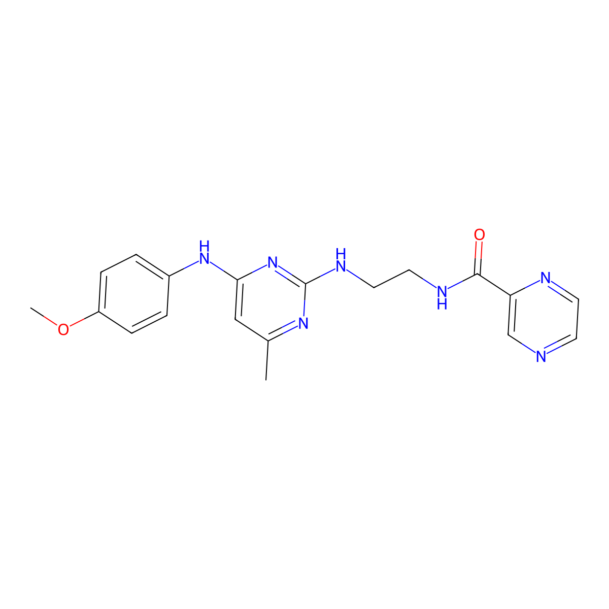 N-(2-((4-((4-methoxyphenyl)amino)-6-methylpyrimidin-2-yl)amino)ethyl)pyrazine-2-carboxamide molecular structure, CAS 1226438-46-5