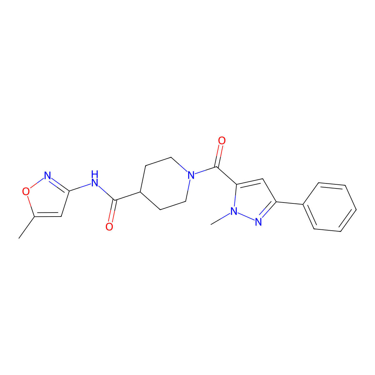 1-(1-methyl-3-phenyl-1H-pyrazole-5-carbonyl)-N-(5-methylisoxazol-3-yl)piperidine-4-carboxamide molecular structure, CAS 1226438-48-7