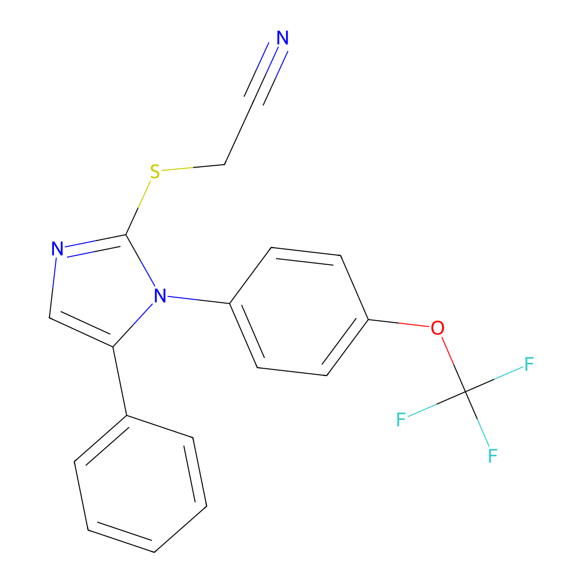 2-((5-phenyl-1-(4-(trifluoromethoxy)phenyl)-1H-imidazol-2-yl)thio)acetonitrile molecular structure, CAS 1226438-49-8