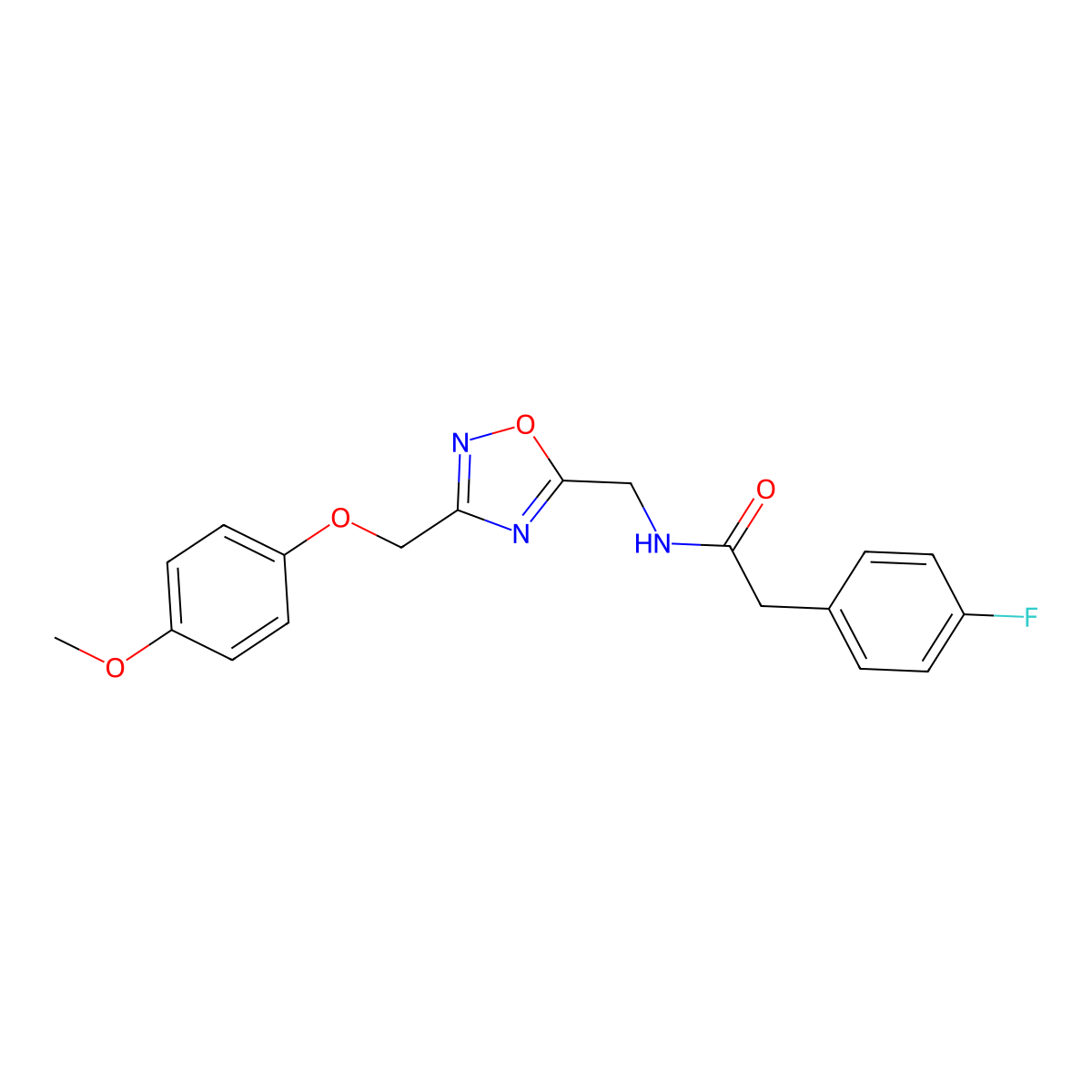 2-(4-fluorophenyl)-N-((3-((4-methoxyphenoxy)methyl)-1,2,4-oxadiazol-5-yl)methyl)acetamide molecular structure, CAS 1226438-53-4