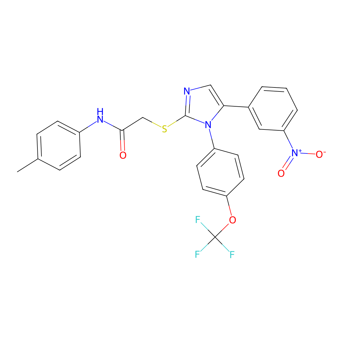 2-((5-(3-nitrophenyl)-1-(4-(trifluoromethoxy)phenyl)-1H-imidazol-2-yl)thio)-N-(p-tolyl)acetamide molecular structure, CAS 1226438-57-8
