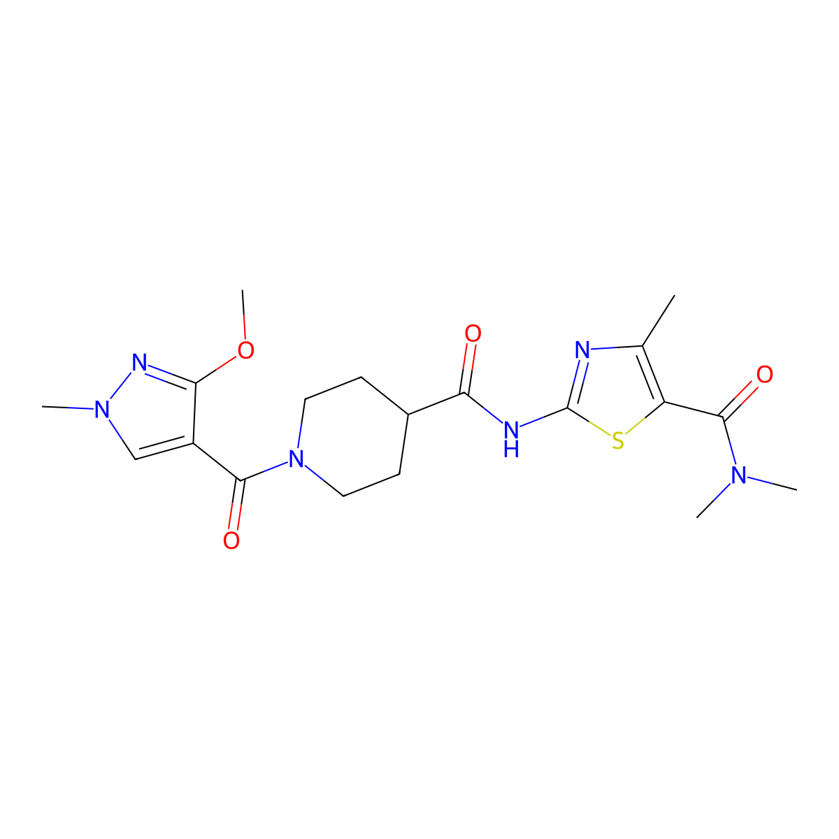 2-(1-(3-methoxy-1-methyl-1H-pyrazole-4-carbonyl)piperidine-4-carboxamido)-N,N,4-trimethylthiazole-5-carboxamide molecular structure, CAS 1226438-61-4