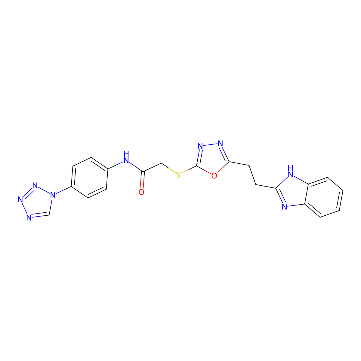 2-((5-(2-(1H-benzo[d]imidazol-2-yl)ethyl)-1,3,4-oxadiazol-2-yl)thio)-N-(4-(1H-tetrazol-1-yl)phenyl)acetamide molecular structure, CAS 1226438-71-6