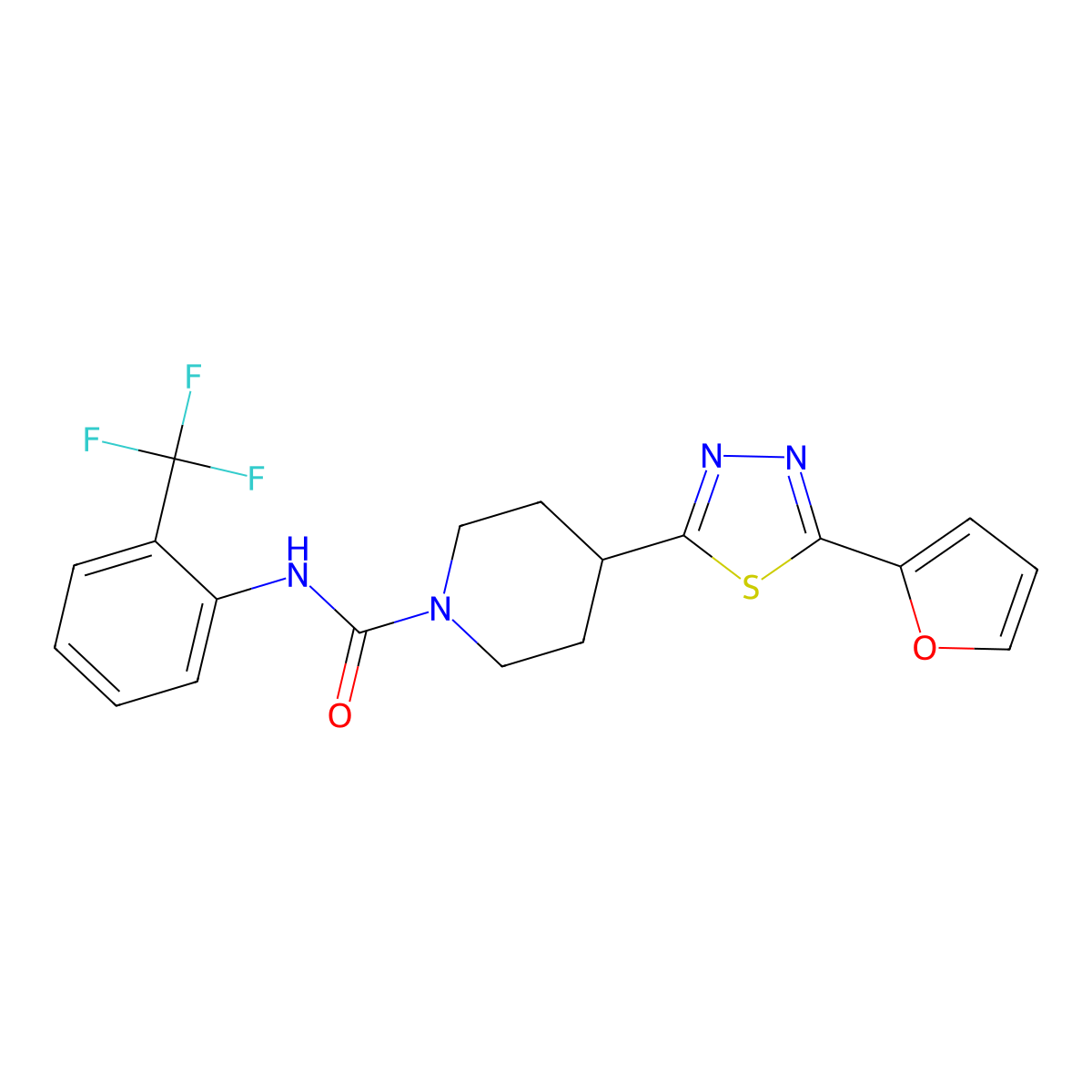 4-[5-(furan-2-yl)-1,3,4-thiadiazol-2-yl]-N-[2-(trifluoromethyl)phenyl]piperidine-1-carboxamide molecular structure, CAS 1226438-73-8