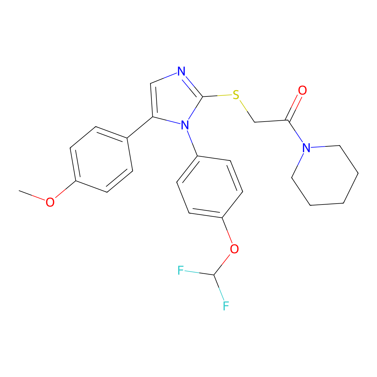 2-((1-(4-(difluoromethoxy)phenyl)-5-(4-methoxyphenyl)-1H-imidazol-2-yl)thio)-1-(piperidin-1-yl)ethanone molecular structure, CAS 1226438-90-9