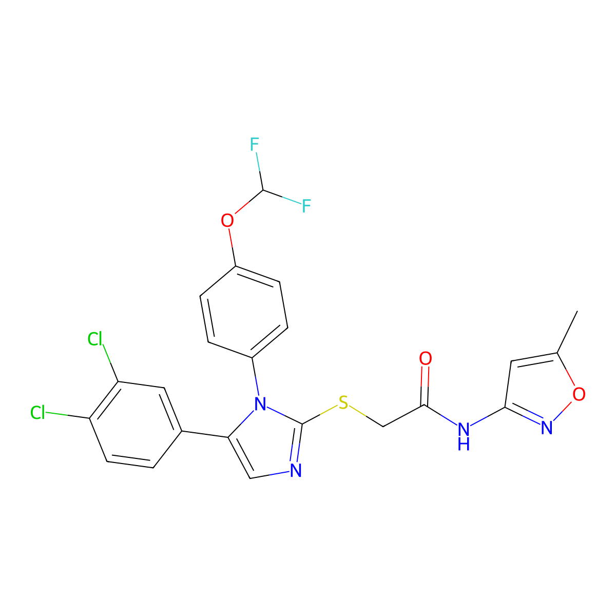 2-((5-(3,4-dichlorophenyl)-1-(4-(difluoromethoxy)phenyl)-1H-imidazol-2-yl)thio)-N-(5-methylisoxazol-3-yl)acetamide molecular structure, CAS 1226439-01-5