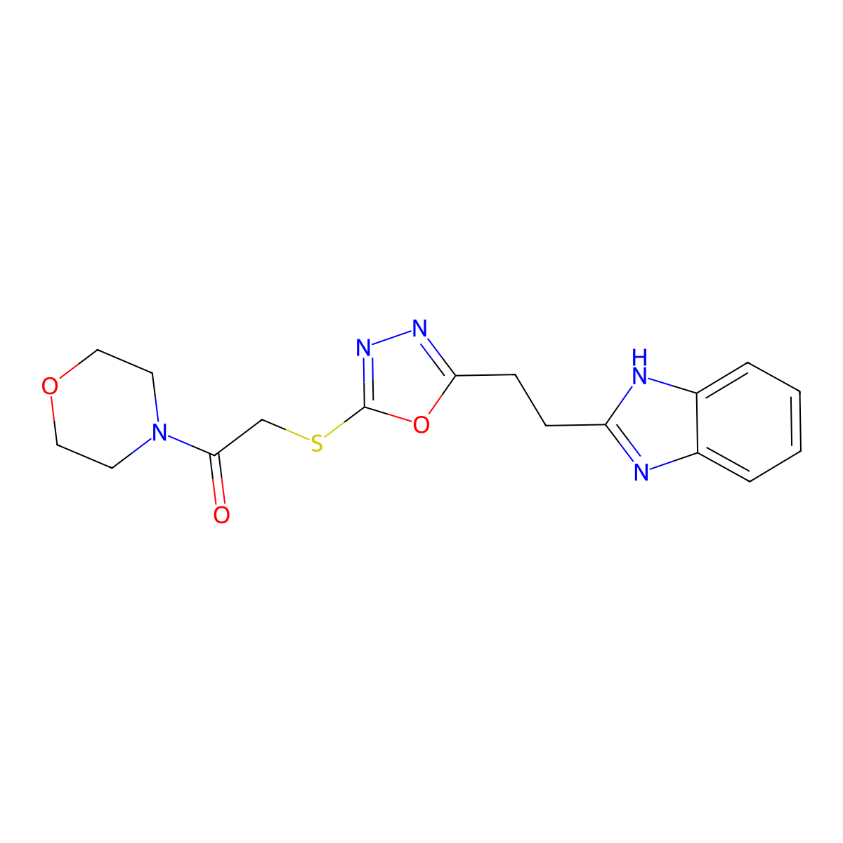 2-((5-(2-(1H-benzo[d]imidazol-2-yl)ethyl)-1,3,4-oxadiazol-2-yl)thio)-1-morpholinoethanone molecular structure, CAS 1226439-05-9