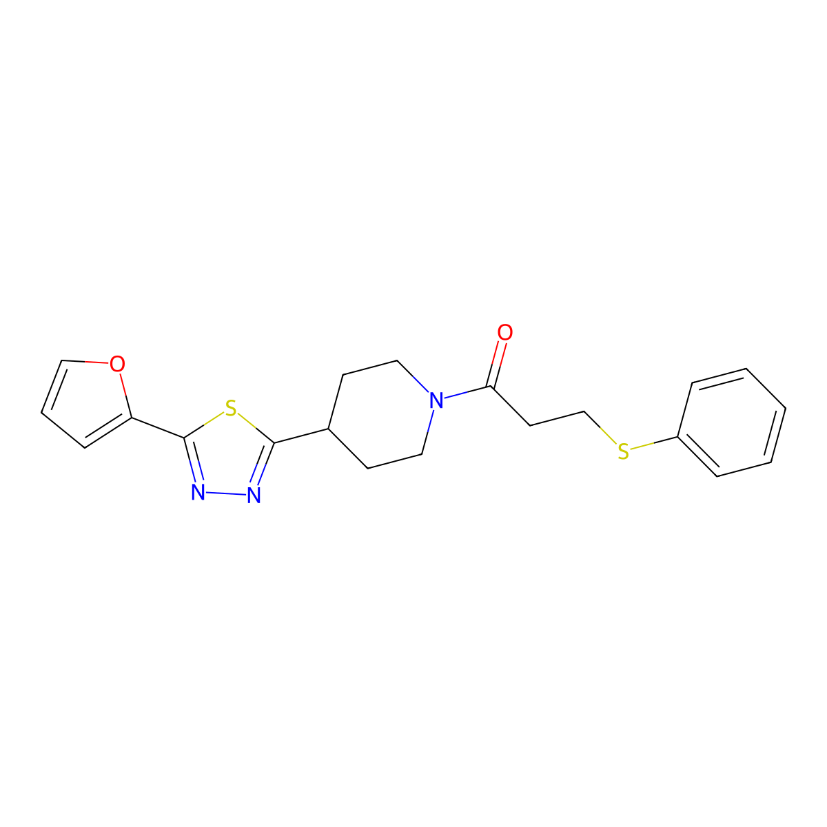 1-(4-(5-(Furan-2-yl)-1,3,4-thiadiazol-2-yl)piperidin-1-yl)-3-(phenylthio)propan-1-one molecular structure, CAS 1226439-13-9
