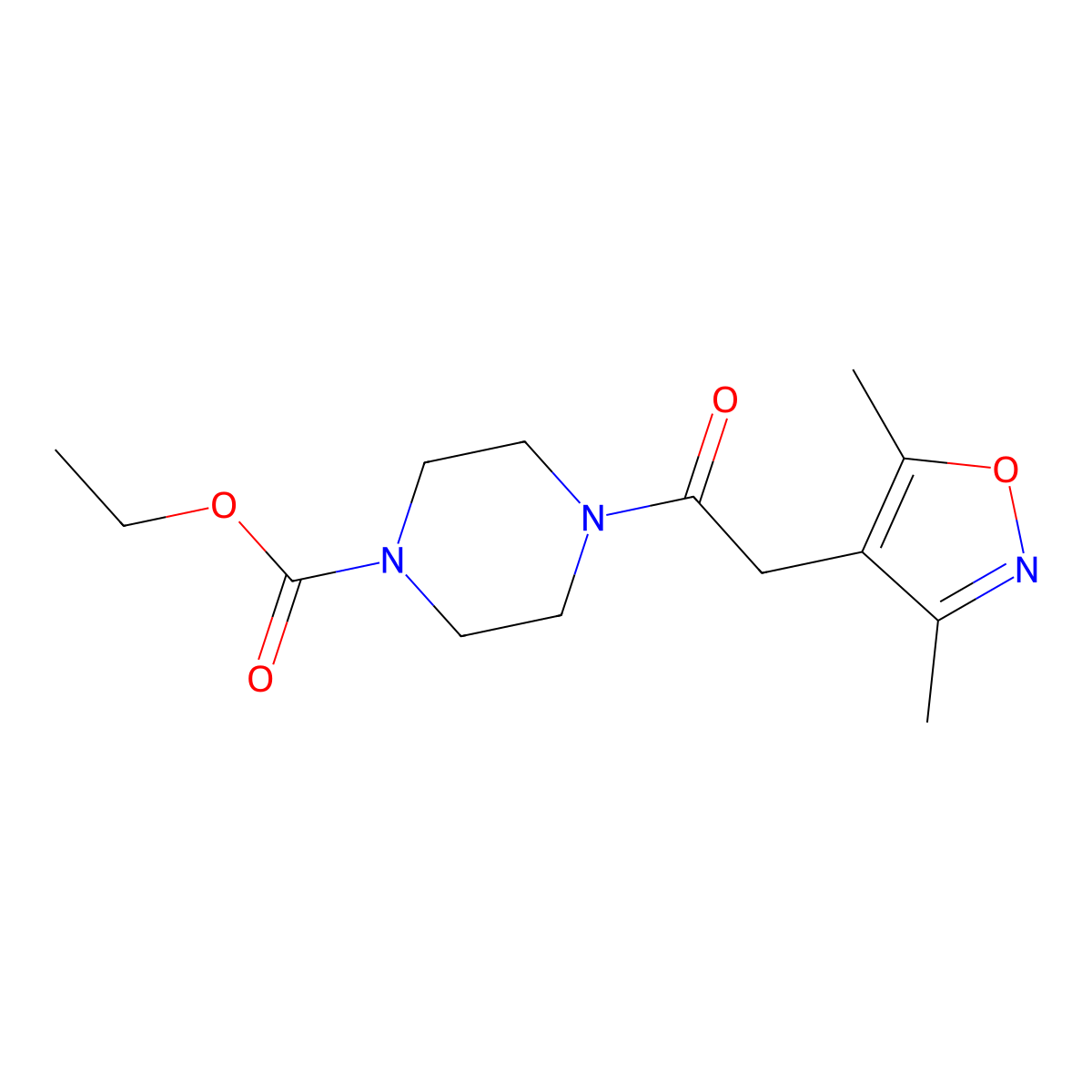 Ethyl 4-(2-(3,5-dimethylisoxazol-4-yl)acetyl)piperazine-1-carboxylate molecular structure, CAS 1226439-25-3