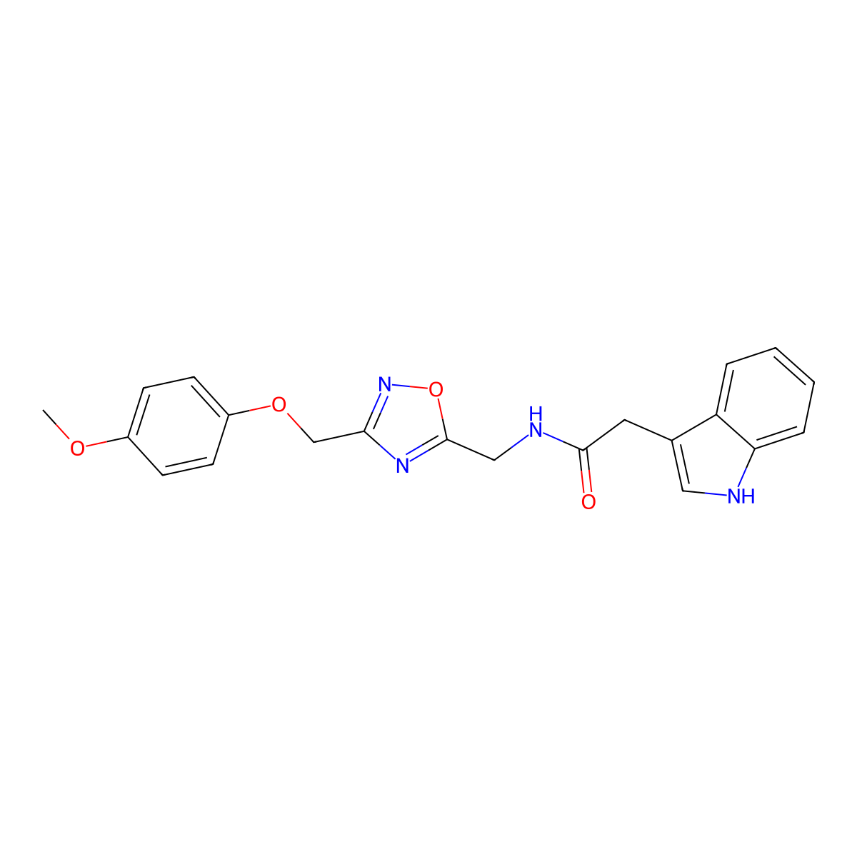 2-(1H-indol-3-yl)-N-((3-((4-methoxyphenoxy)methyl)-1,2,4-oxadiazol-5-yl)methyl)acetamide molecular structure, CAS 1226439-26-4