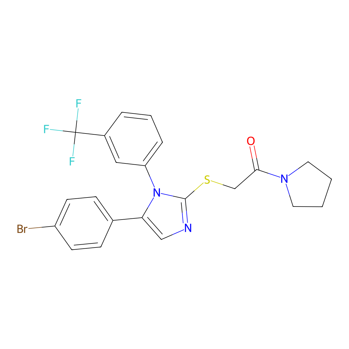 2-((5-(4-bromophenyl)-1-(3-(trifluoromethyl)phenyl)-1H-imidazol-2-yl)thio)-1-(pyrrolidin-1-yl)ethanone molecular structure, CAS 1226439-29-7