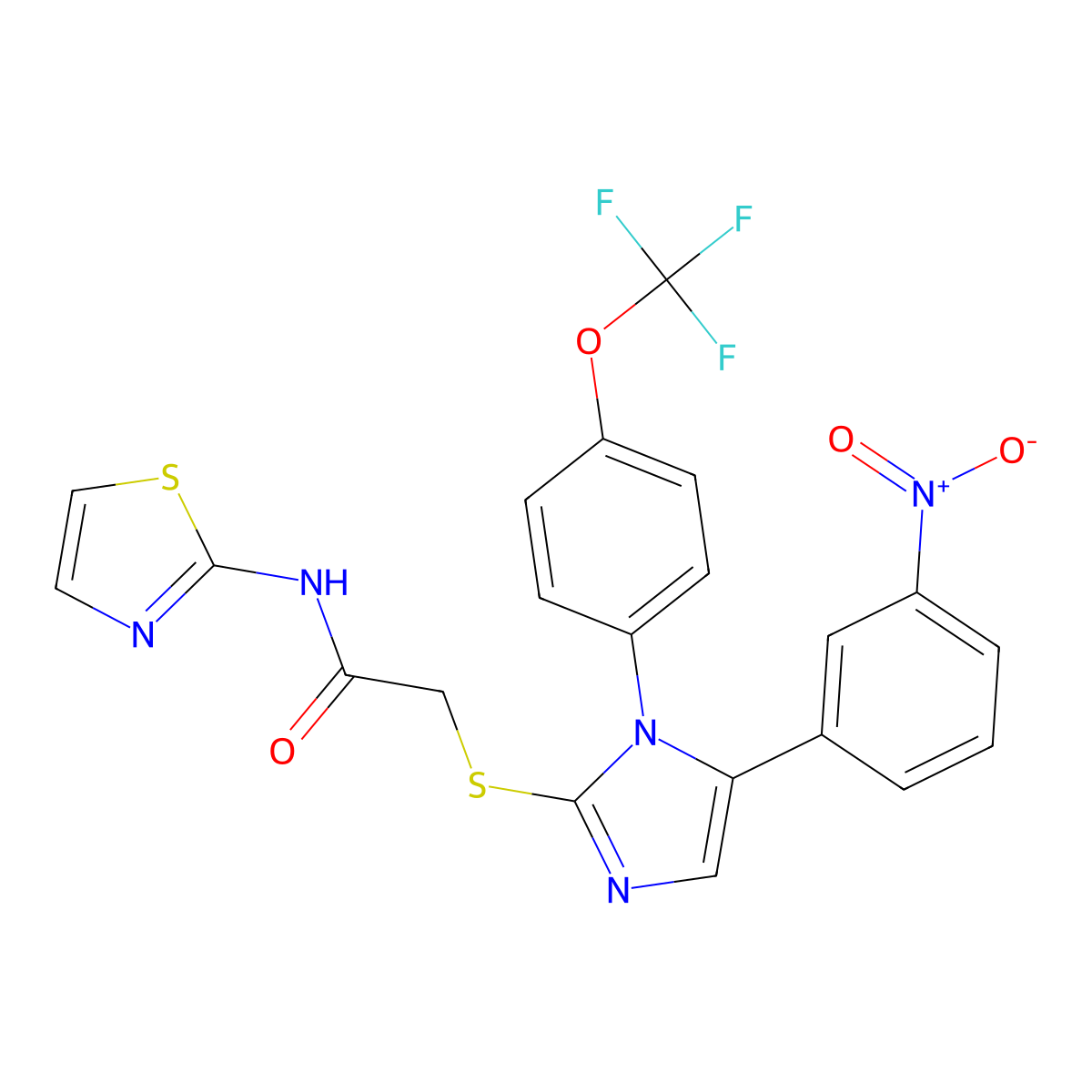 2-((5-(3-nitrophenyl)-1-(4-(trifluoromethoxy)phenyl)-1H-imidazol-2-yl)thio)-N-(thiazol-2-yl)acetamide molecular structure, CAS 1226439-39-9