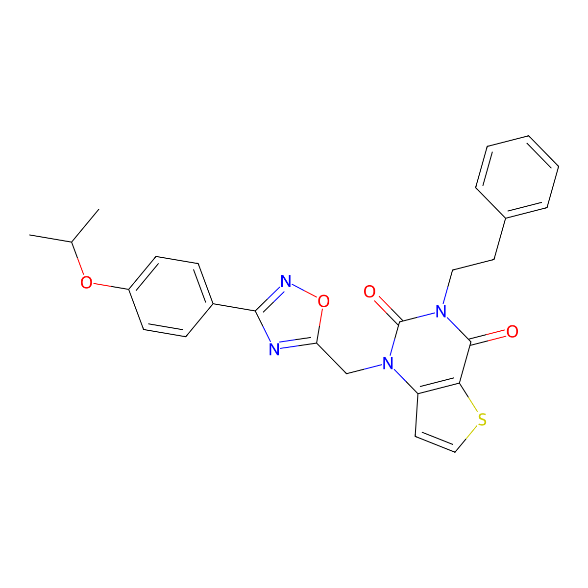3-(2-phenylethyl)-1-({3-[4-(propan-2-yloxy)phenyl]-1,2,4-oxadiazol-5-yl}methyl)-1H,2H,3H,4H-thieno[3,2-d]pyrimidine-2,4-dione molecular structure, CAS 1226439-43-5