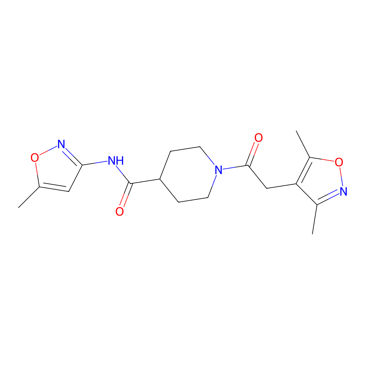 1-(2-(3,5-dimethylisoxazol-4-yl)acetyl)-N-(5-methylisoxazol-3-yl)piperidine-4-carboxamide molecular structure, CAS 1226439-47-9