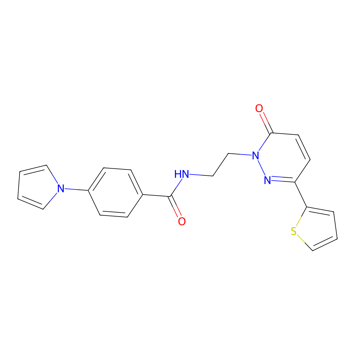 N-(2-(6-oxo-3-(thiophen-2-yl)pyridazin-1(6H)-yl)ethyl)-4-(1H-pyrrol-1-yl)benzamide molecular structure, CAS 1226439-70-8