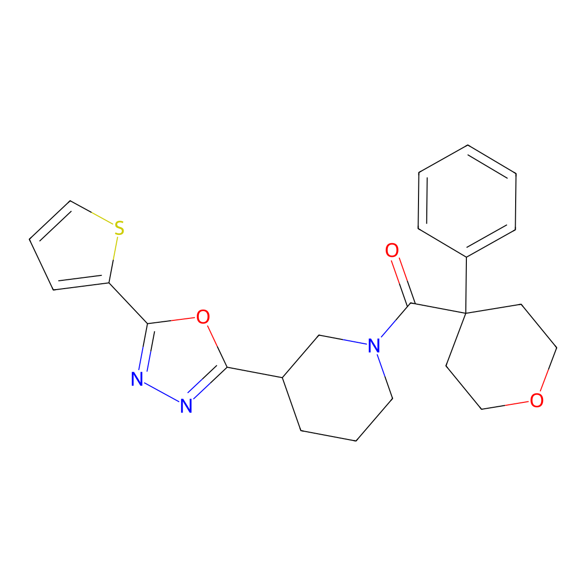 (4-phenyltetrahydro-2H-pyran-4-yl)(3-(5-(thiophen-2-yl)-1,3,4-oxadiazol-2-yl)piperidin-1-yl)methanone molecular structure, CAS 1226439-91-3
