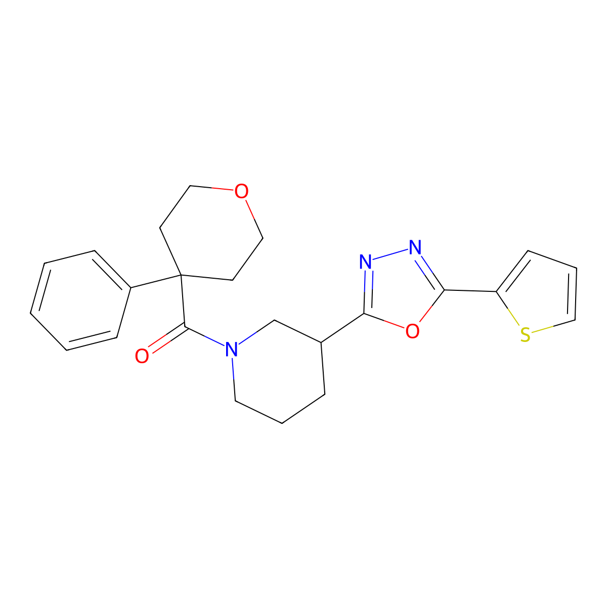 (4-phenyltetrahydro-2H-pyran-4-yl)(3-(5-(thiophen-2-yl)-1,3,4-oxadiazol-2-yl)piperidin-1-yl)methanone molecular structure, CAS 1226439-91-3