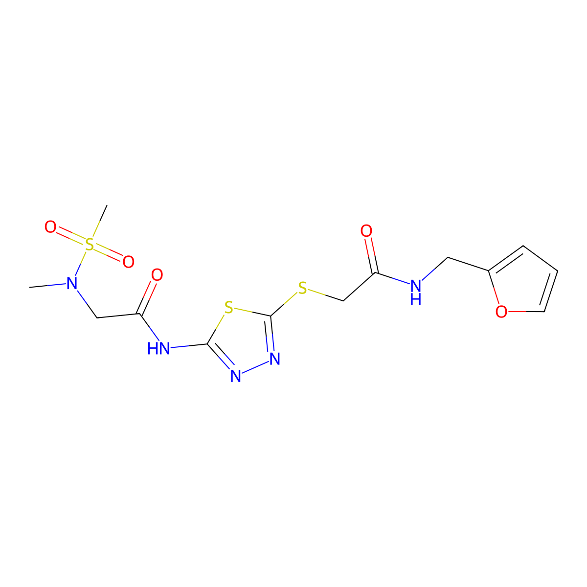 N-[(furan-2-yl)methyl]-2-({5-[2-(N-methylmethanesulfonamido)acetamido]-1,3,4-thiadiazol-2-yl}sulfanyl)acetamide molecular structure, CAS 1226440-09-0