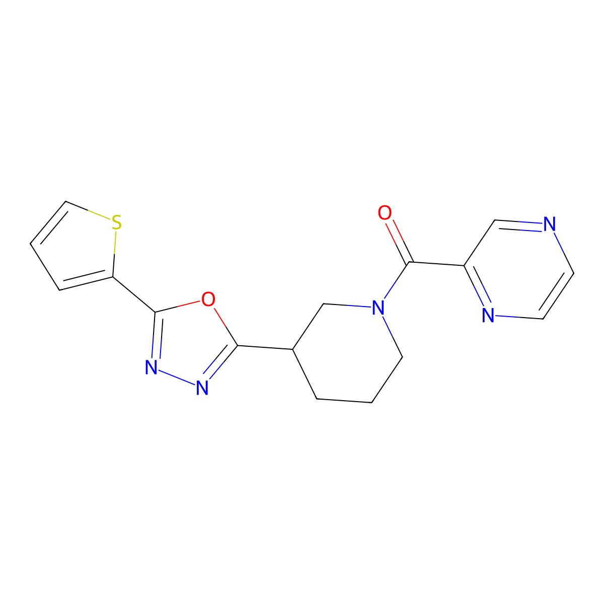 Pyrazin-2-yl(3-(5-(thiophen-2-yl)-1,3,4-oxadiazol-2-yl)piperidin-1-yl)methanone molecular structure, CAS 1226440-11-4