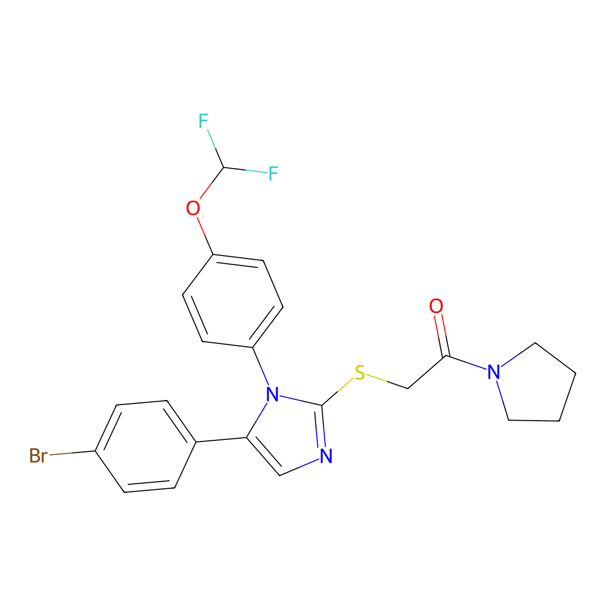 2-((5-(4-bromophenyl)-1-(4-(difluoromethoxy)phenyl)-1H-imidazol-2-yl)thio)-1-(pyrrolidin-1-yl)ethanone molecular structure, CAS 1226440-19-2