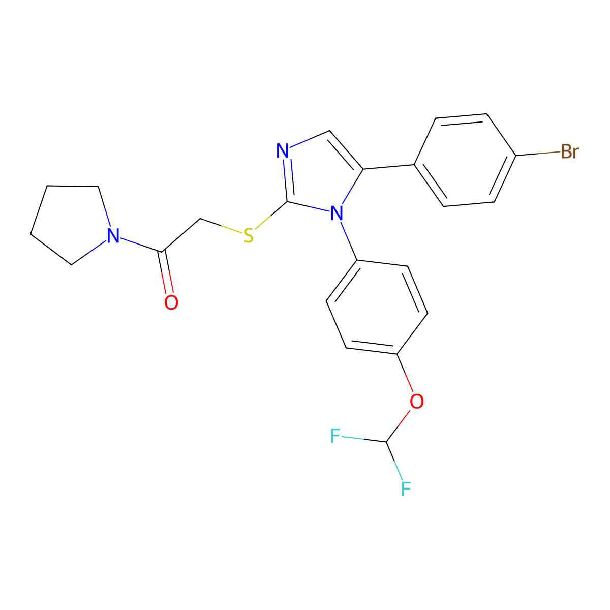 2-((5-(4-bromophenyl)-1-(4-(difluoromethoxy)phenyl)-1H-imidazol-2-yl)thio)-1-(pyrrolidin-1-yl)ethanone molecular structure, CAS 1226440-19-2