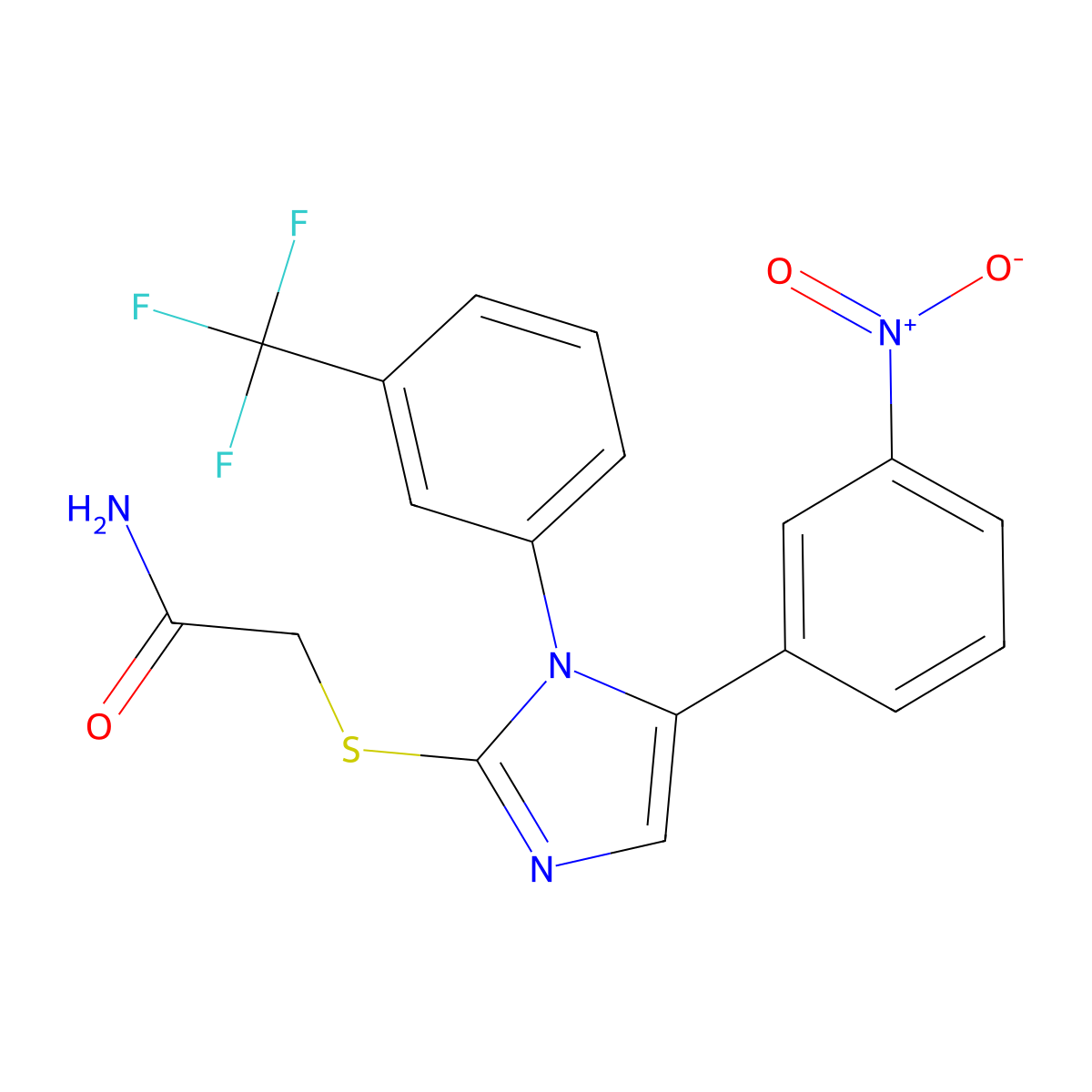 2-((5-(3-nitrophenyl)-1-(3-(trifluoromethyl)phenyl)-1H-imidazol-2-yl)thio)acetamide molecular structure, CAS 1226440-29-4