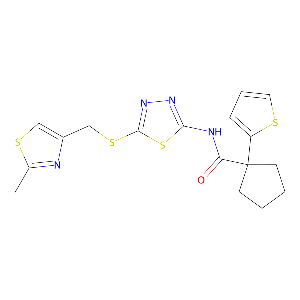 N-(5-(((2-methylthiazol-4-yl)methyl)thio)-1,3,4-thiadiazol-2-yl)-1-(thiophen-2-yl)cyclopentanecarboxamide molecular structure, CAS 1226440-36-3