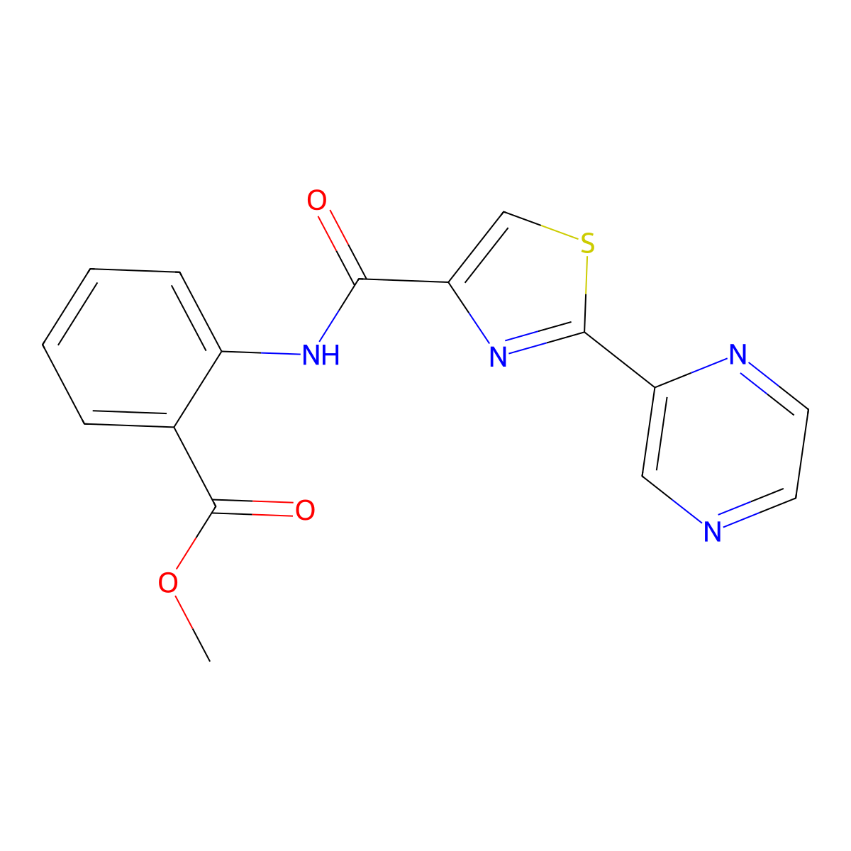 Methyl 2-(2-(pyrazin-2-yl)thiazole-4-carboxamido)benzoate molecular structure, CAS 1226440-44-3