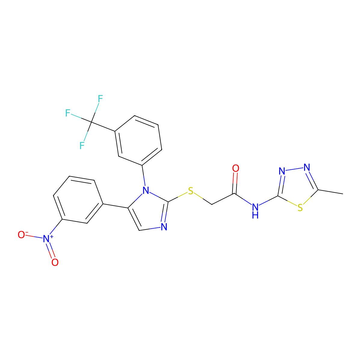 N-(5-methyl-1,3,4-thiadiazol-2-yl)-2-((5-(3-nitrophenyl)-1-(3-(trifluoromethyl)phenyl)-1H-imidazol-2-yl)thio)acetamide molecular structure, CAS 1226440-46-5
