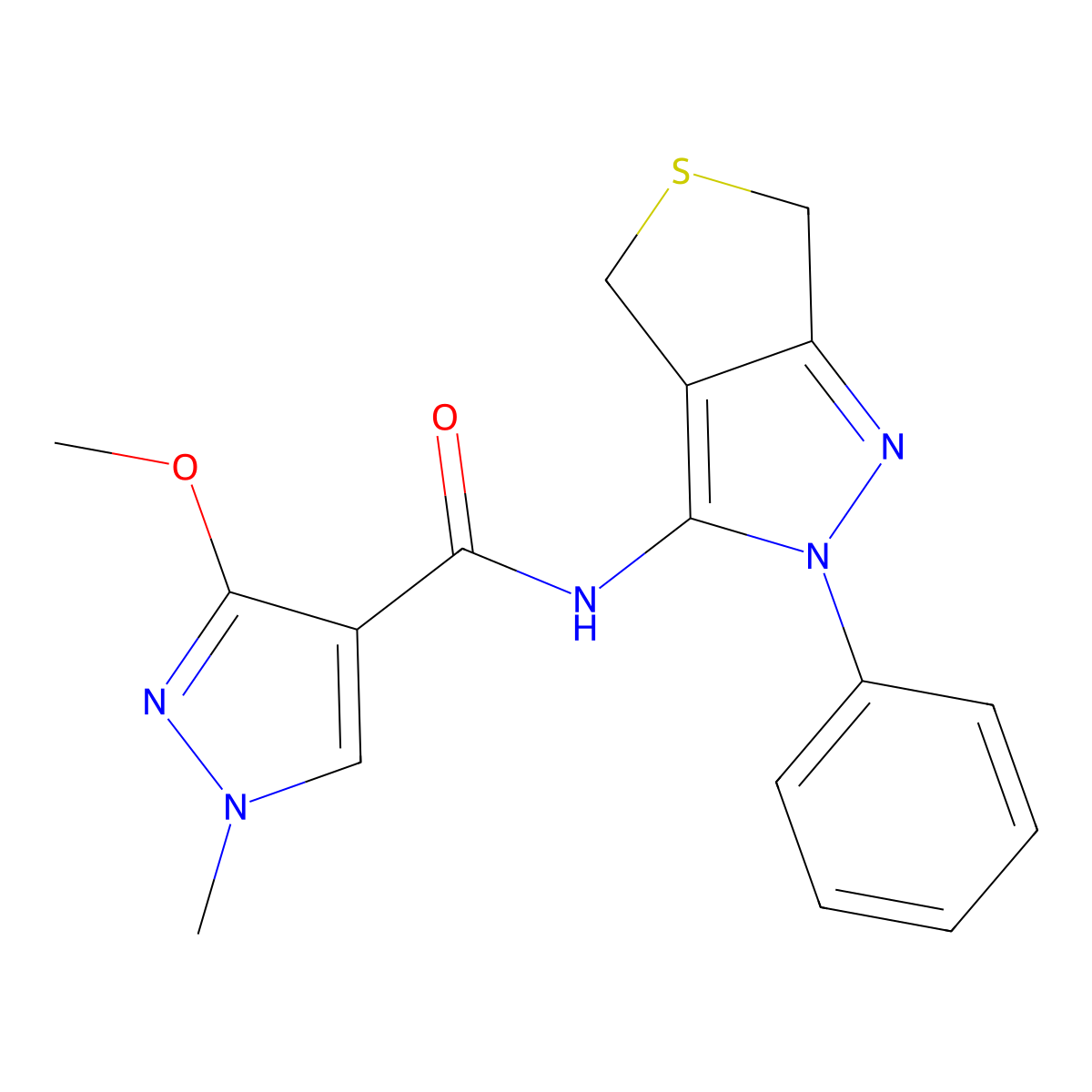 3-methoxy-1-methyl-N-(2-phenyl-4,6-dihydro-2H-thieno[3,4-c]pyrazol-3-yl)-1H-pyrazole-4-carboxamide molecular structure, CAS 1226440-53-4