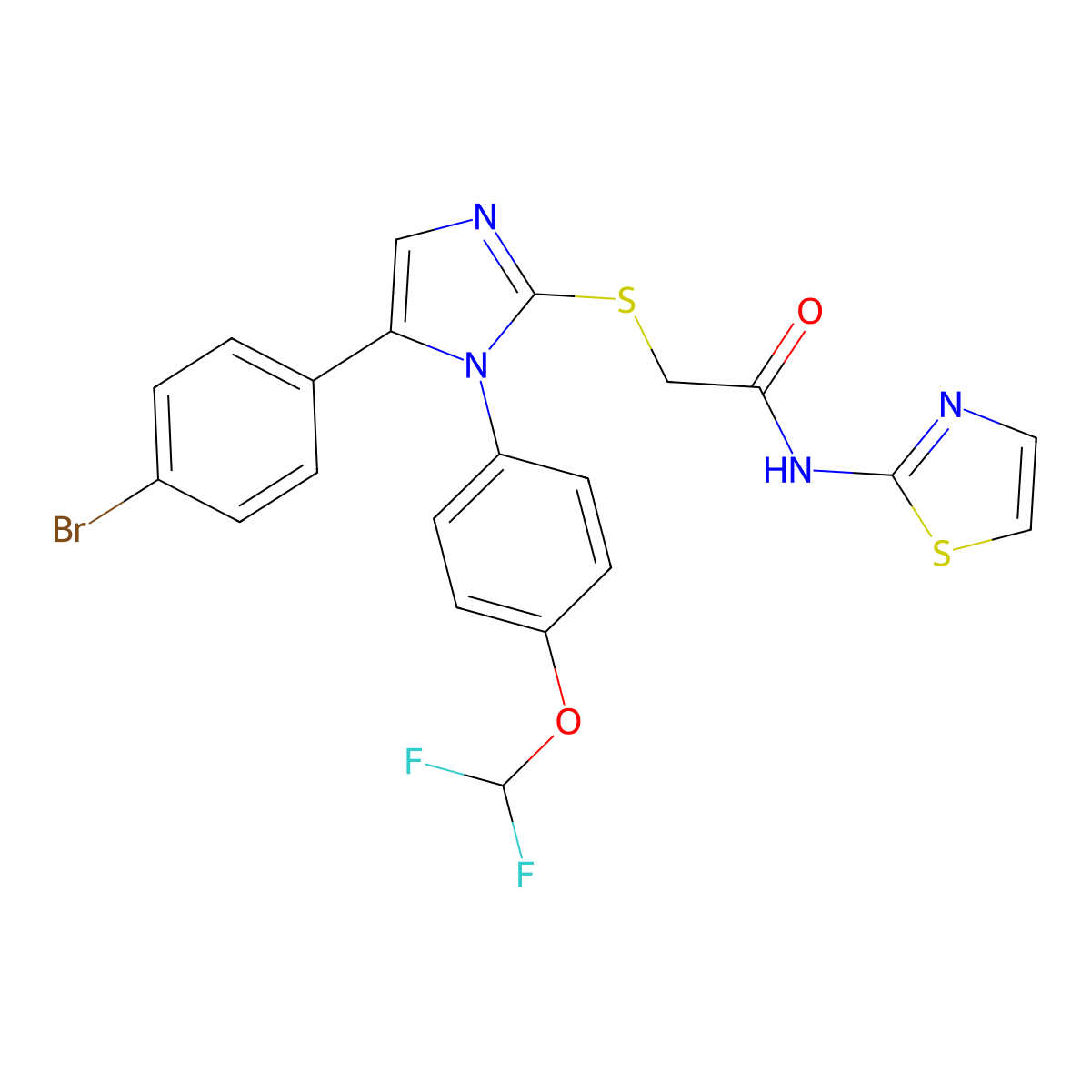 2-((5-(4-bromophenyl)-1-(4-(difluoromethoxy)phenyl)-1H-imidazol-2-yl)thio)-N-(thiazol-2-yl)acetamide molecular structure, CAS 1226440-56-7