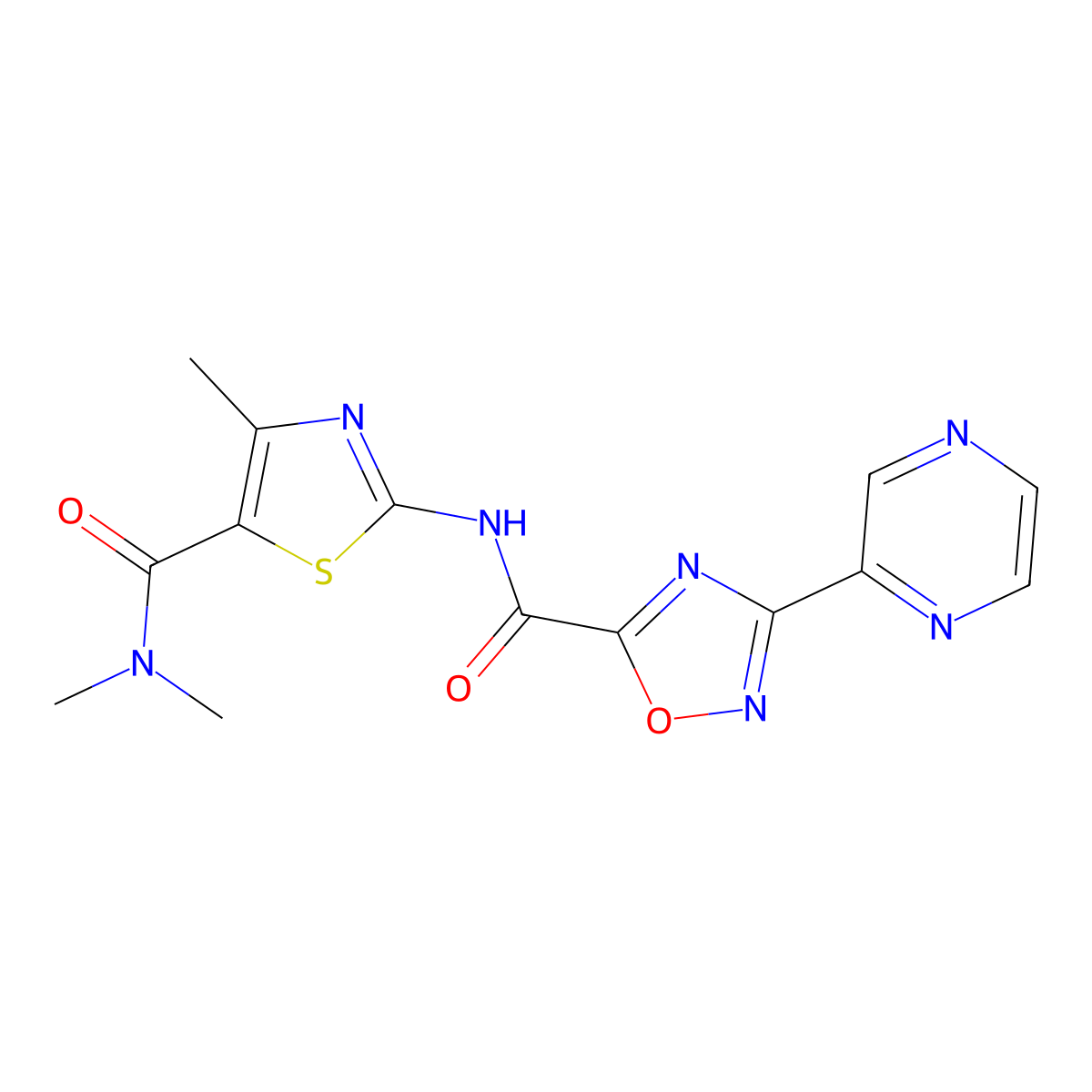 N-(5-(dimethylcarbamoyl)-4-methylthiazol-2-yl)-3-(pyrazin-2-yl)-1,2,4-oxadiazole-5-carboxamide molecular structure, CAS 1226440-71-6
