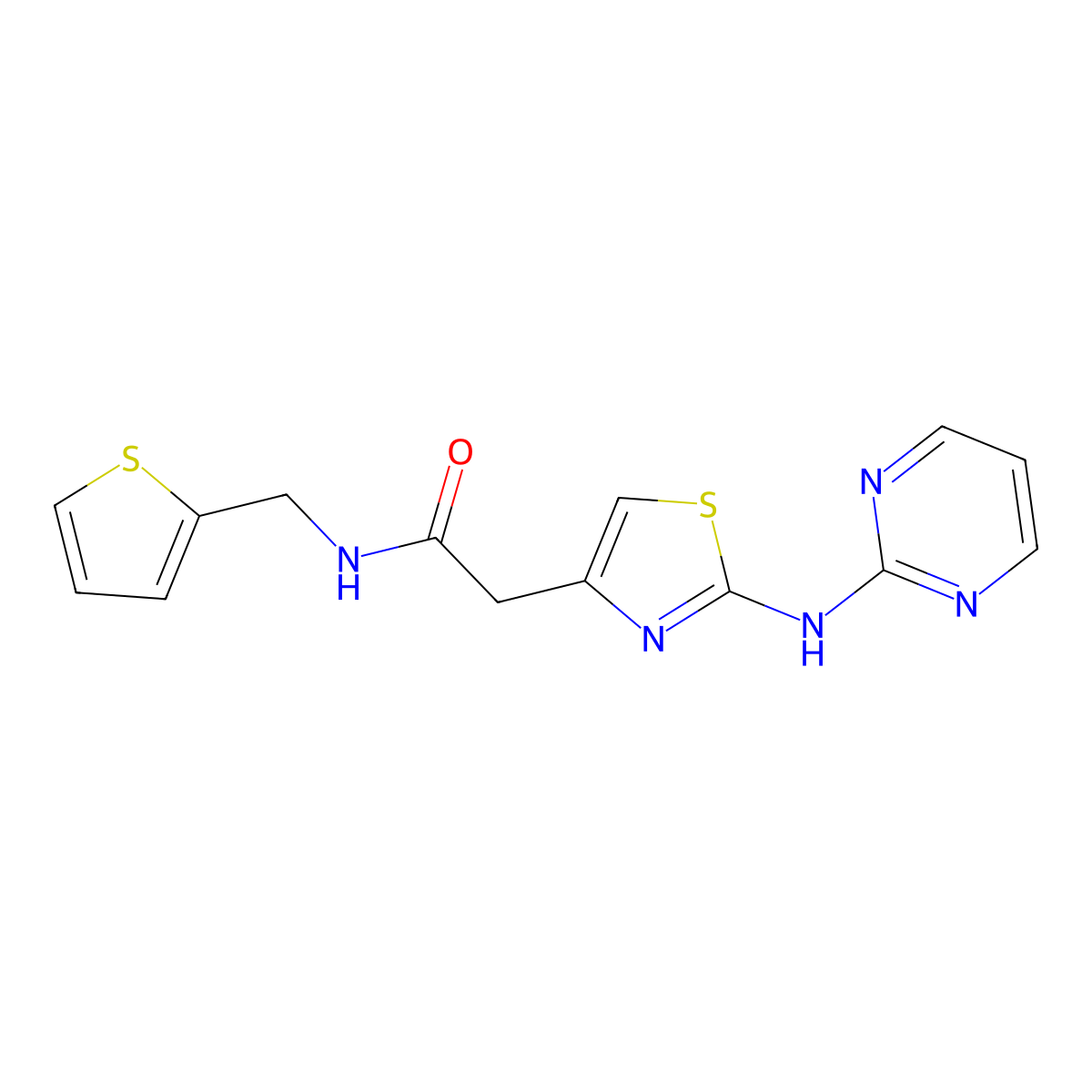 2-(2-(pyrimidin-2-ylamino)thiazol-4-yl)-N-(thiophen-2-ylmethyl)acetamide molecular structure, CAS 1226440-73-8