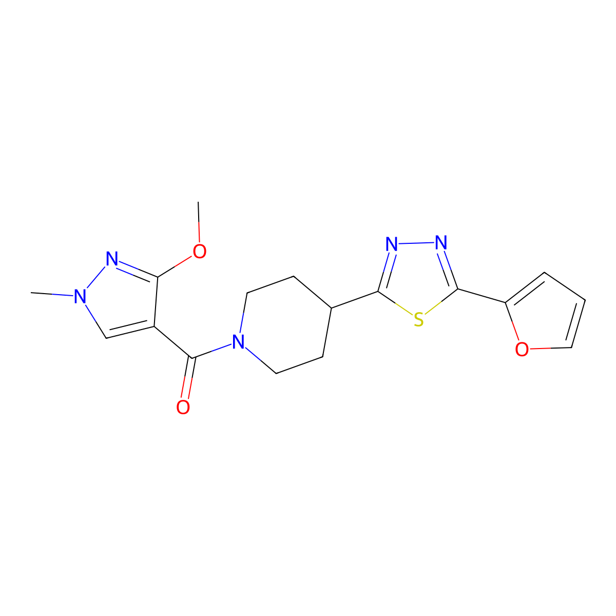 (4-(5-(furan-2-yl)-1,3,4-thiadiazol-2-yl)piperidin-1-yl)(3-methoxy-1-methyl-1H-pyrazol-4-yl)methanone molecular structure, CAS 1226440-74-9