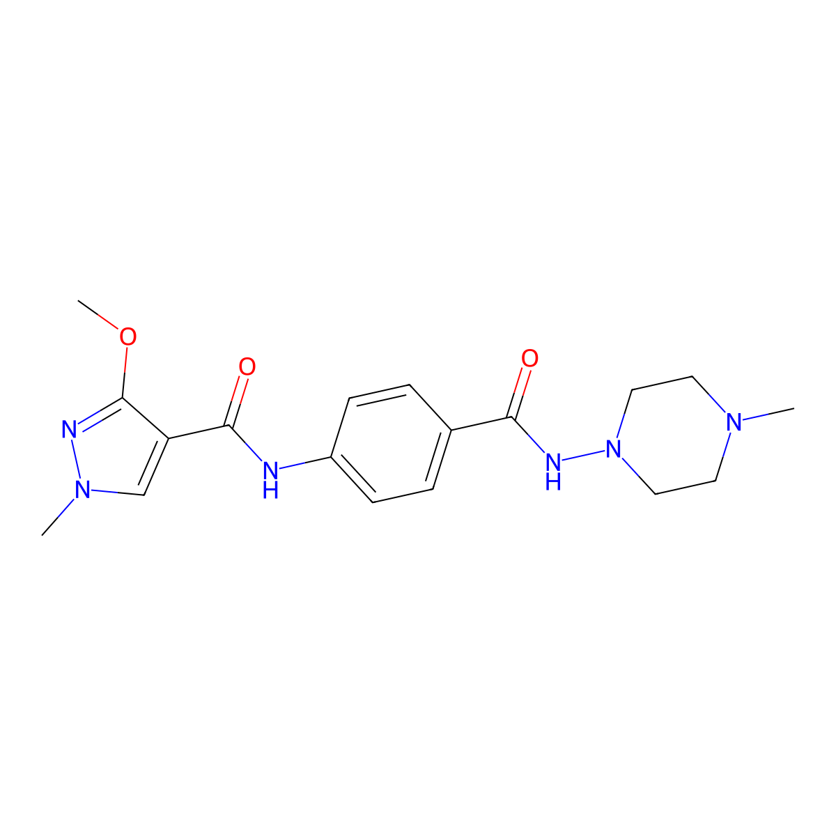 3-methoxy-1-methyl-N-(4-((4-methylpiperazin-1-yl)carbamoyl)phenyl)-1H-pyrazole-4-carboxamide molecular structure, CAS 1226440-80-7