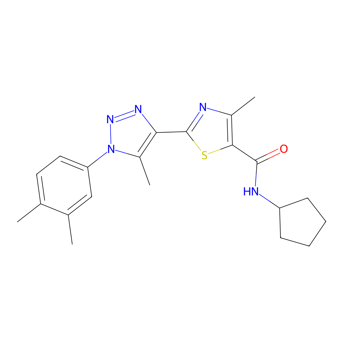 N-cyclopentyl-2-(1-(3,4-dimethylphenyl)-5-methyl-1H-1,2,3-triazol-4-yl)-4-methylthiazole-5-carboxamide molecular structure, CAS 1226440-81-8