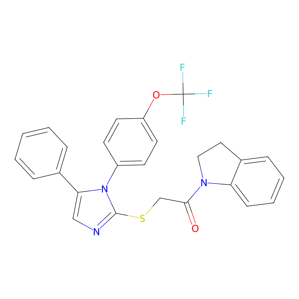 1-(indolin-1-yl)-2-((5-phenyl-1-(4-(trifluoromethoxy)phenyl)-1H-imidazol-2-yl)thio)ethanone molecular structure, CAS 1226440-84-1