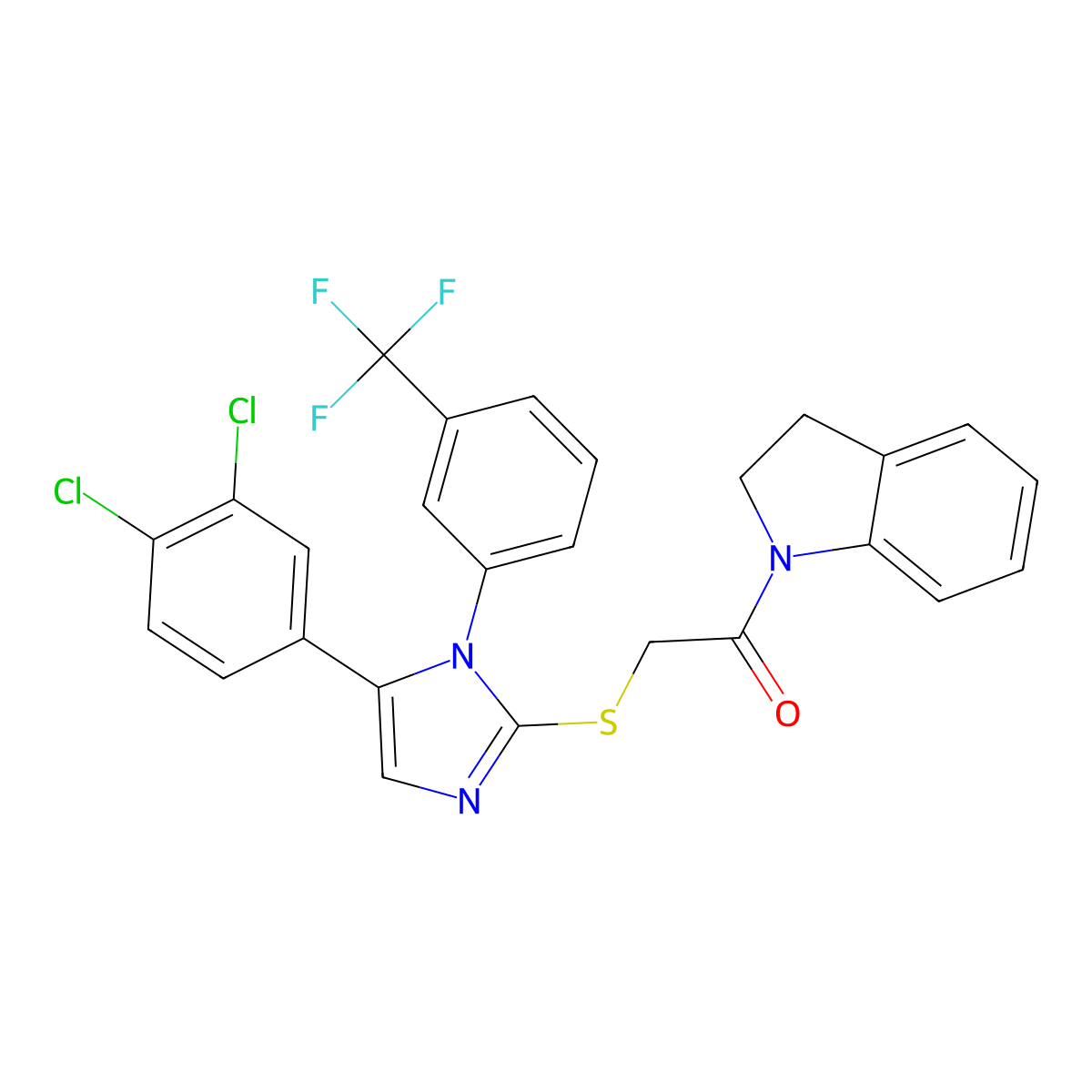 2-((5-(3,4-dichlorophenyl)-1-(3-(trifluoromethyl)phenyl)-1H-imidazol-2-yl)thio)-1-(indolin-1-yl)ethanone molecular structure, CAS 1226440-97-6