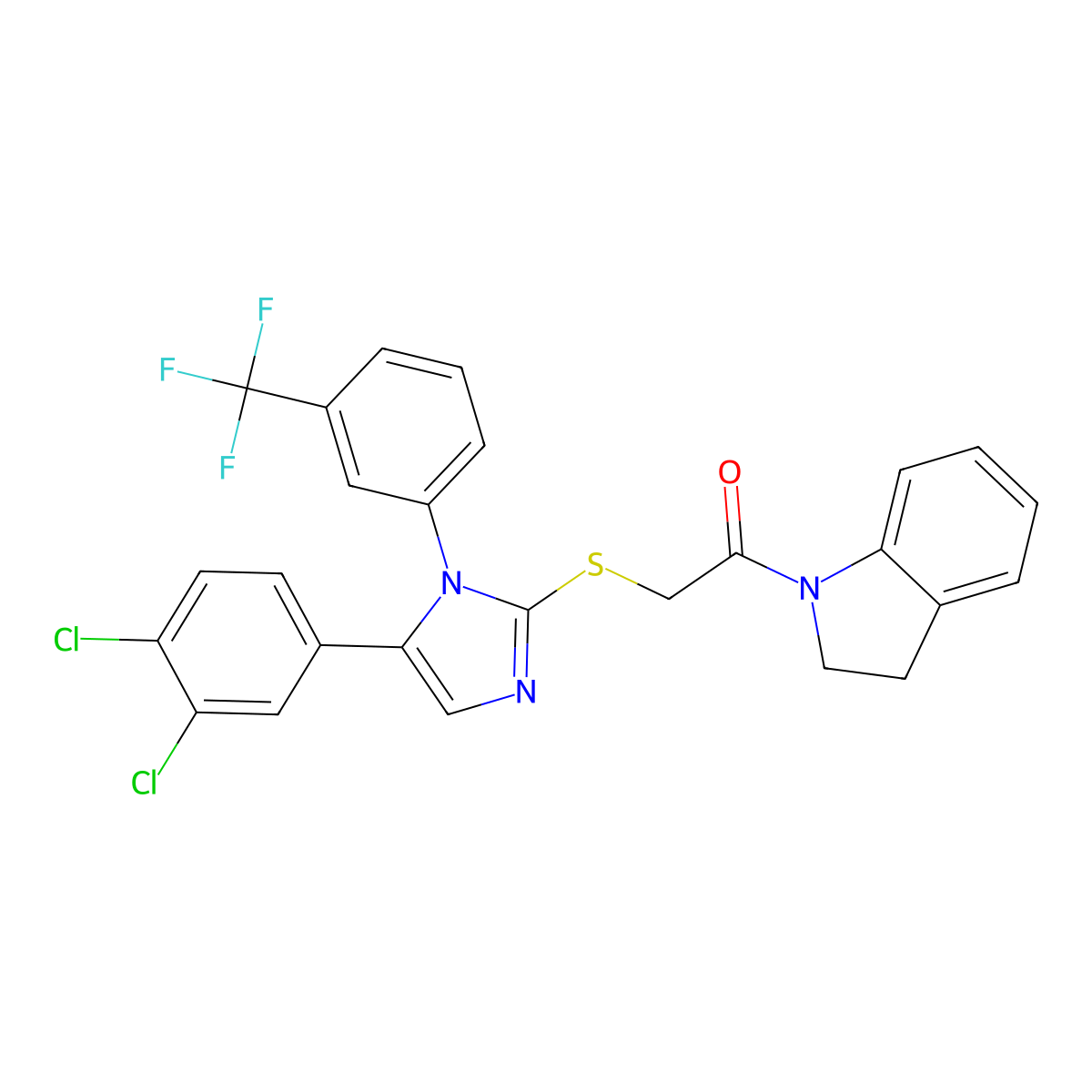 2-((5-(3,4-dichlorophenyl)-1-(3-(trifluoromethyl)phenyl)-1H-imidazol-2-yl)thio)-1-(indolin-1-yl)ethanone molecular structure, CAS 1226440-97-6