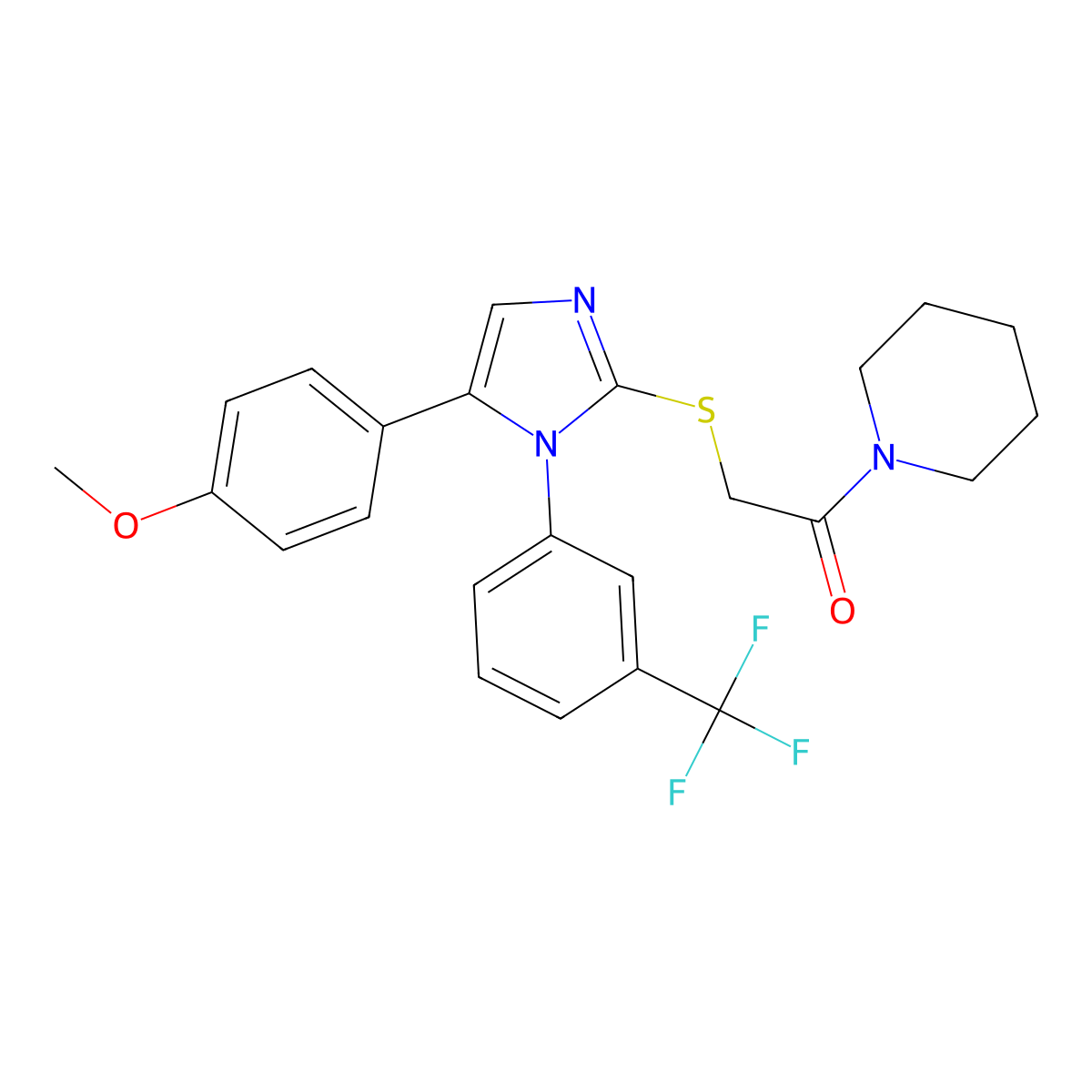2-((5-(4-methoxyphenyl)-1-(3-(trifluoromethyl)phenyl)-1H-imidazol-2-yl)thio)-1-(piperidin-1-yl)ethanone molecular structure, CAS 1226441-10-6