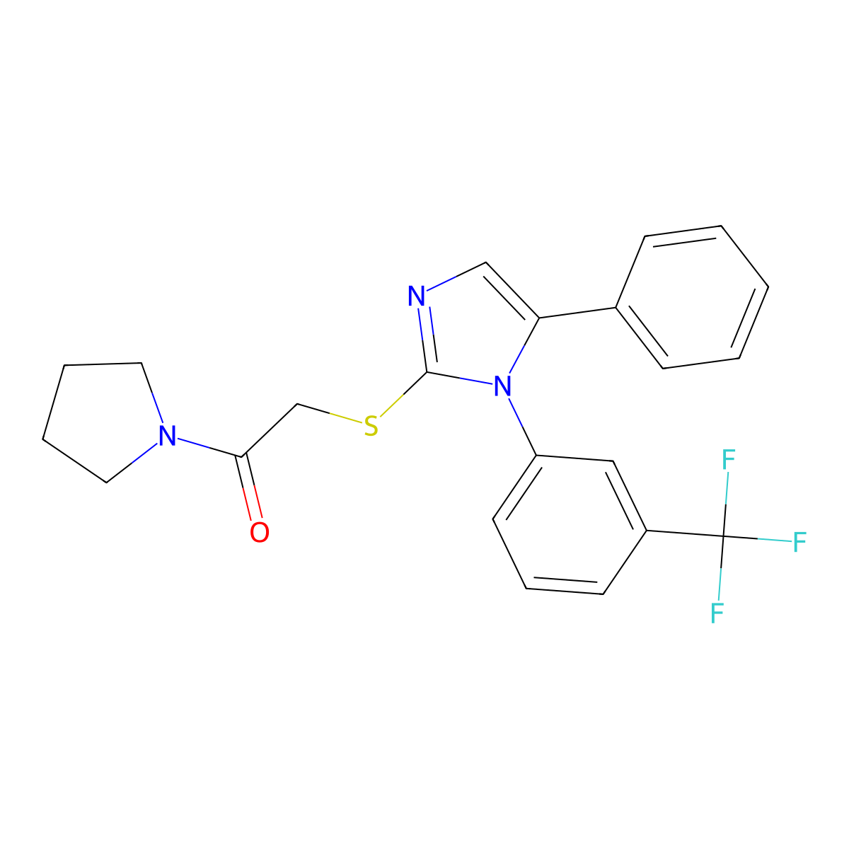 2-((5-phenyl-1-(3-(trifluoromethyl)phenyl)-1H-imidazol-2-yl)thio)-1-(pyrrolidin-1-yl)ethanone molecular structure, CAS 1226441-13-9