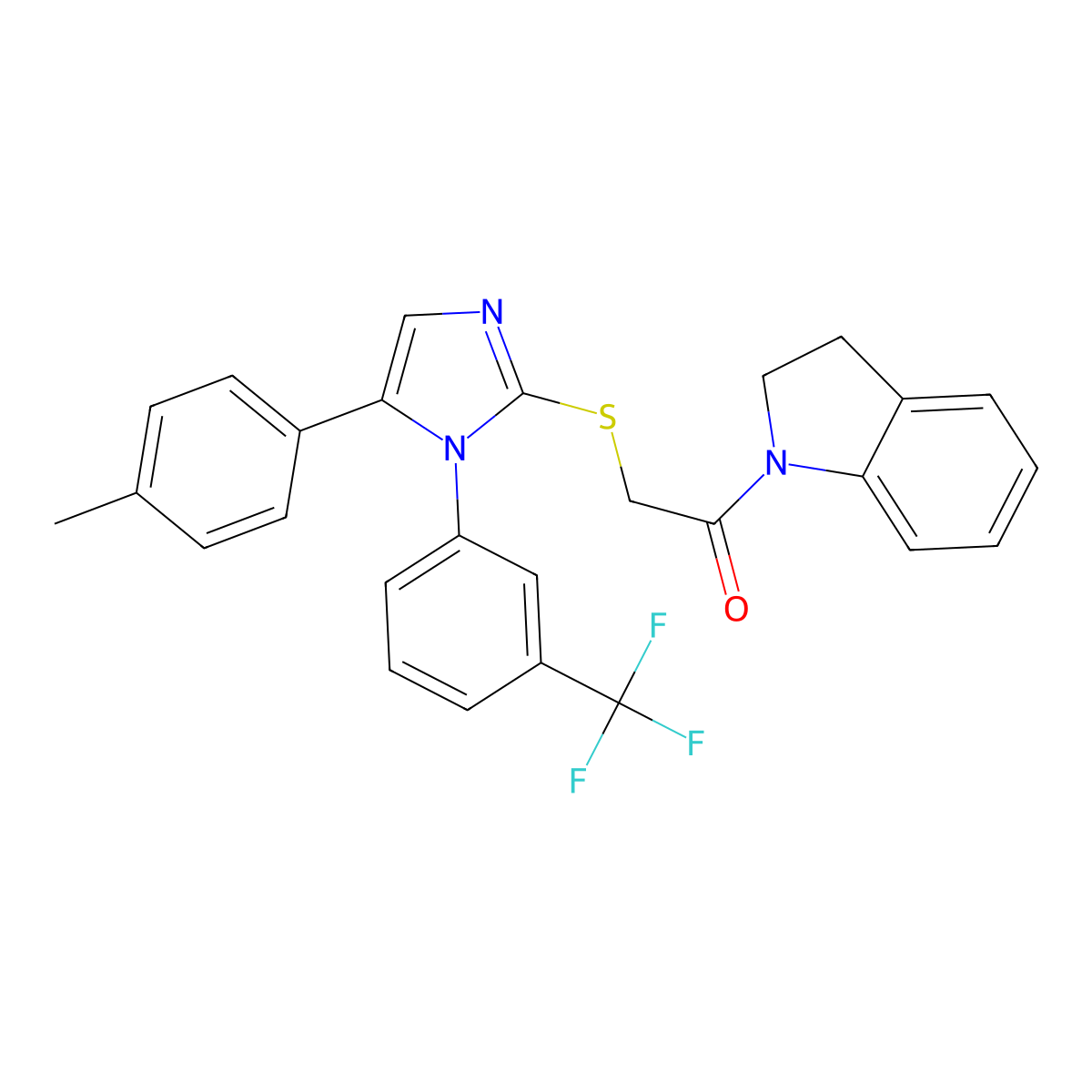 1-(indolin-1-yl)-2-((5-(p-tolyl)-1-(3-(trifluoromethyl)phenyl)-1H-imidazol-2-yl)thio)ethanone molecular structure, CAS 1226441-14-0