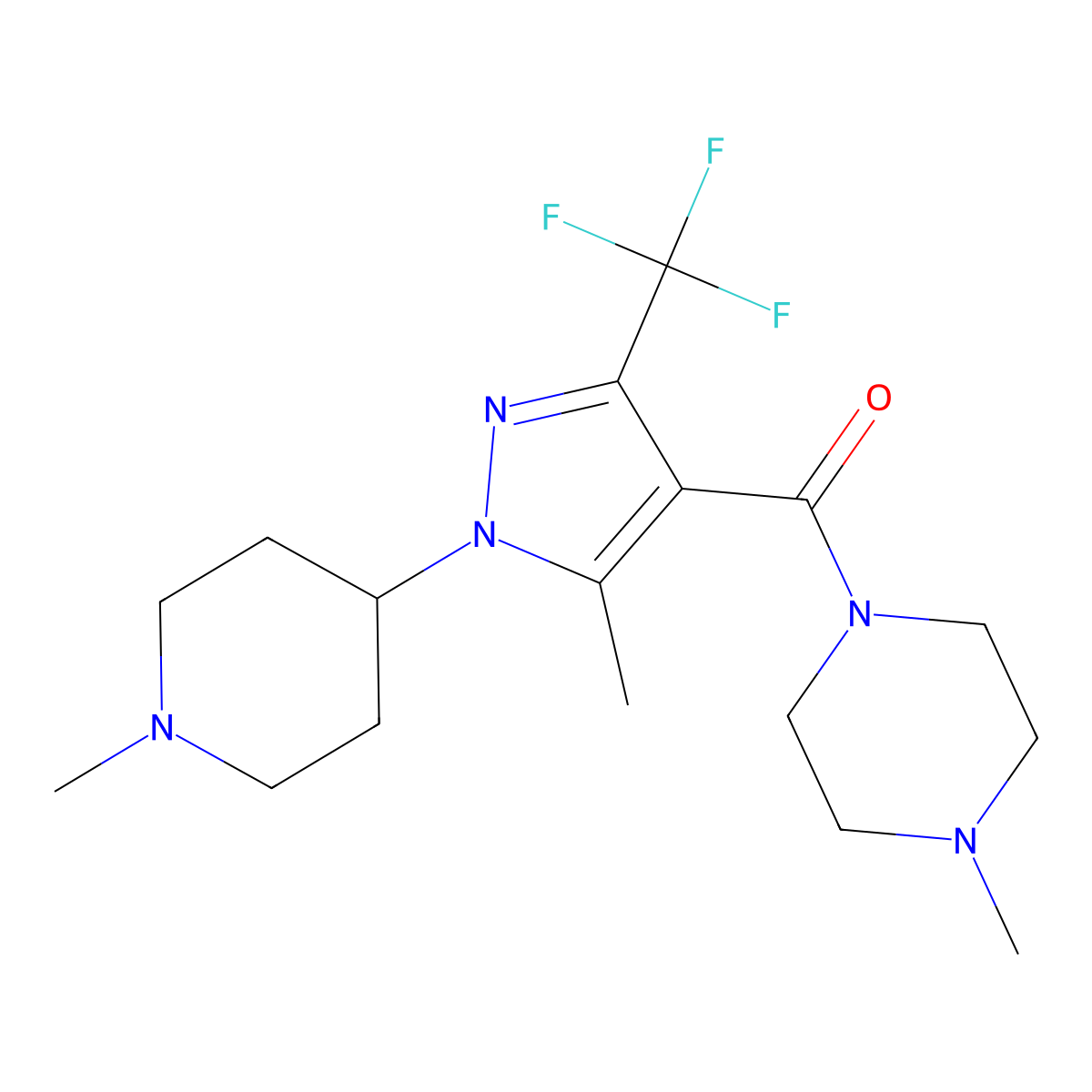 (5-methyl-1-(1-methylpiperidin-4-yl)-3-(trifluoromethyl)-1H-pyrazol-4-yl)(4-methylpiperazin-1-yl)methanone molecular structure, CAS 1226441-17-3
