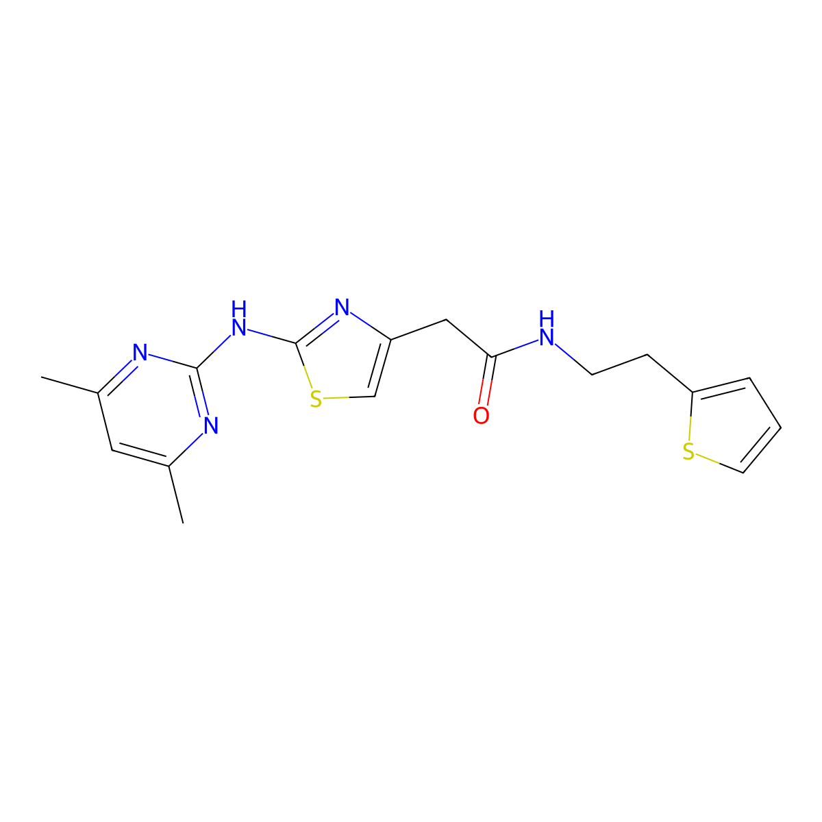 2-(2-((4,6-dimethylpyrimidin-2-yl)amino)thiazol-4-yl)-N-(2-(thiophen-2-yl)ethyl)acetamide molecular structure, CAS 1226441-20-8