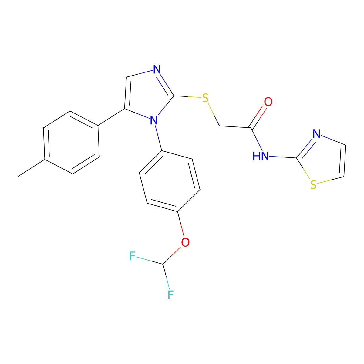 2-((1-(4-(difluoromethoxy)phenyl)-5-(p-tolyl)-1H-imidazol-2-yl)thio)-N-(thiazol-2-yl)acetamide molecular structure, CAS 1226441-24-2