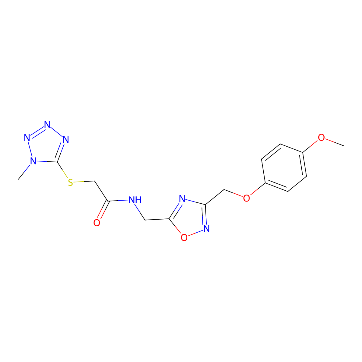 N-((3-((4-methoxyphenoxy)methyl)-1,2,4-oxadiazol-5-yl)methyl)-2-((1-methyl-1H-tetrazol-5-yl)thio)acetamide molecular structure, CAS 1226441-27-5