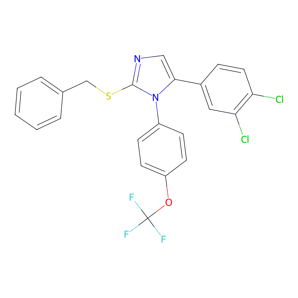2-(benzylthio)-5-(3,4-dichlorophenyl)-1-(4-(trifluoromethoxy)phenyl)-1H-imidazole molecular structure, CAS 1226441-29-7