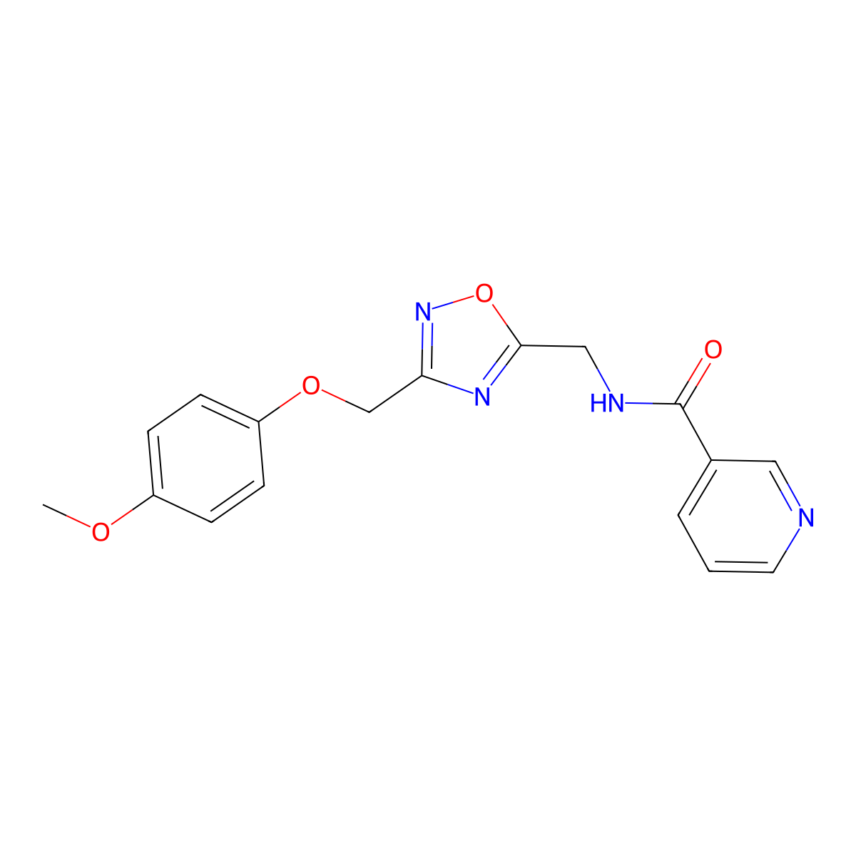 N-((3-((4-methoxyphenoxy)methyl)-1,2,4-oxadiazol-5-yl)methyl)nicotinamide molecular structure, CAS 1226441-30-0